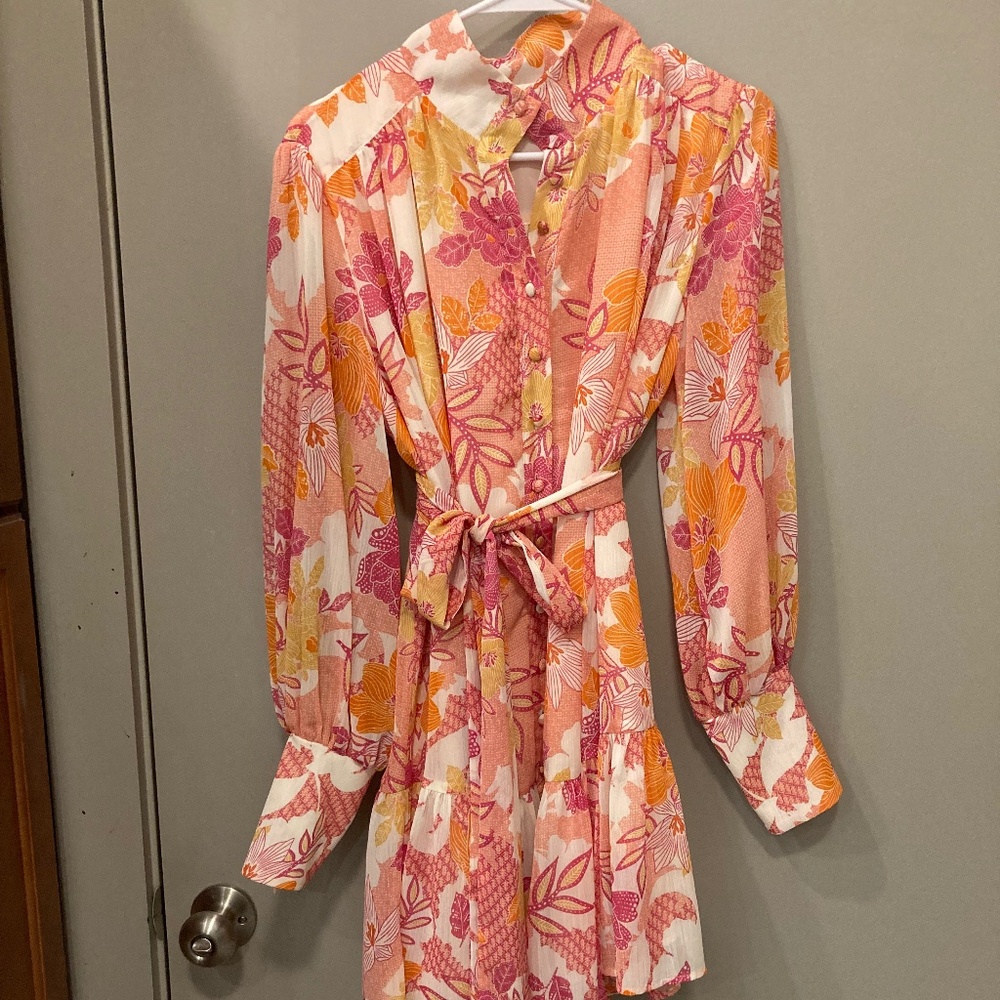 Multicolored Floral Mini Dress with Cuffed Sleeves